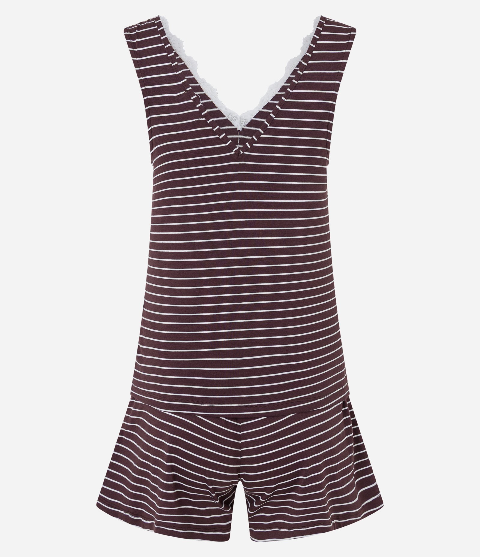 Pijama Short Doll em Viscose com Estampa Listrada e Detalhe de Renda Marrom 7