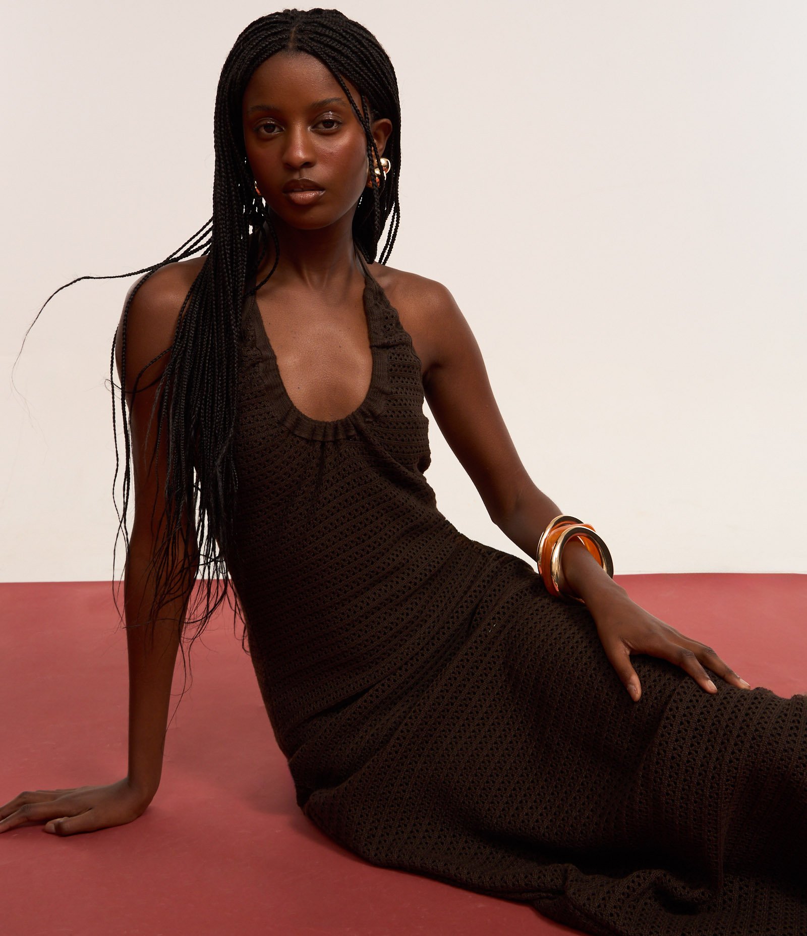 Vestido Longo em Tricô com Decote Frente Única Marrom 6