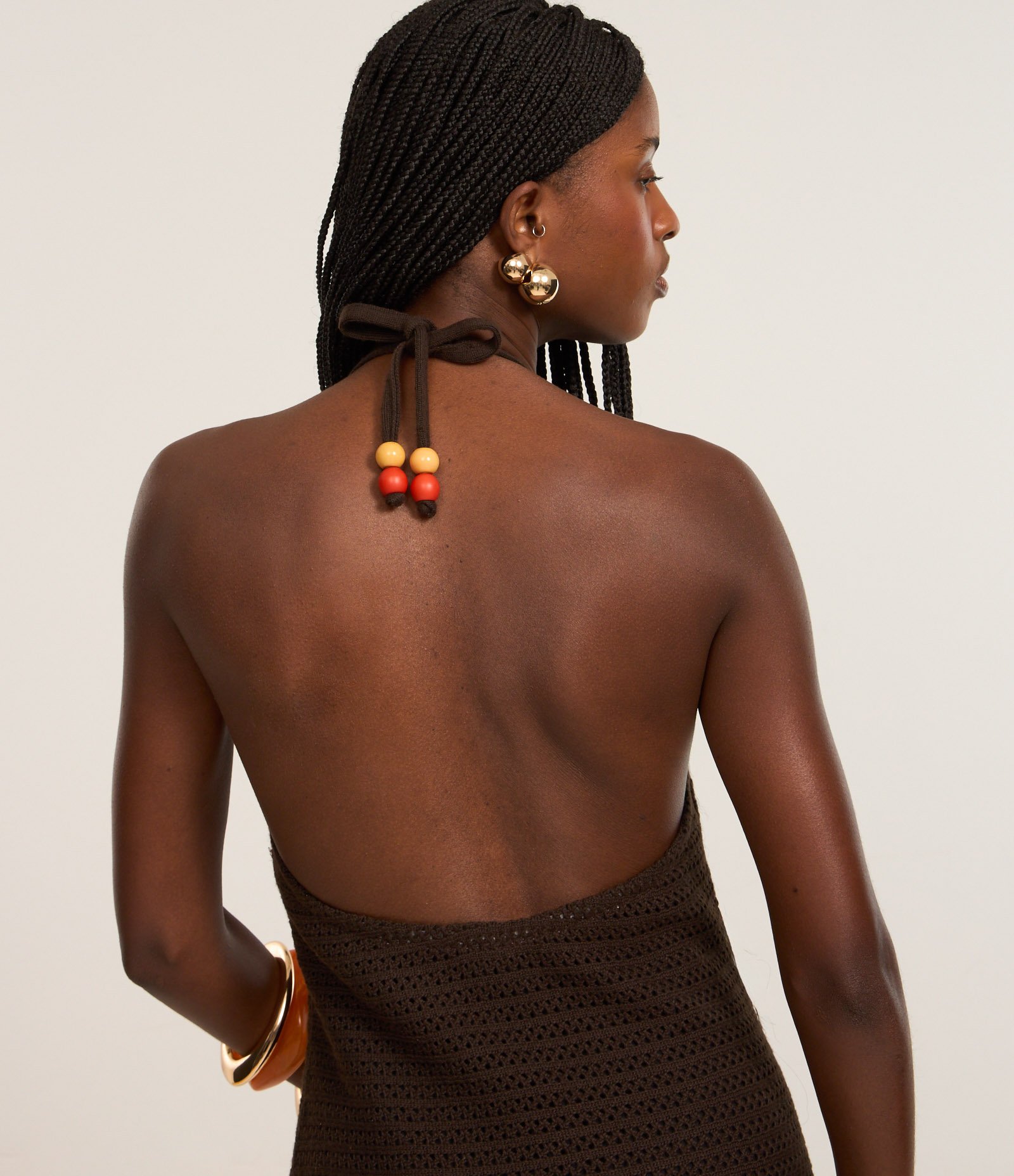 Vestido Longo em Tricô com Decote Frente Única Marrom 4