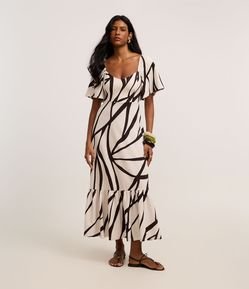 Vestido Godê Midi em Viscose com Estampa Abstrata
