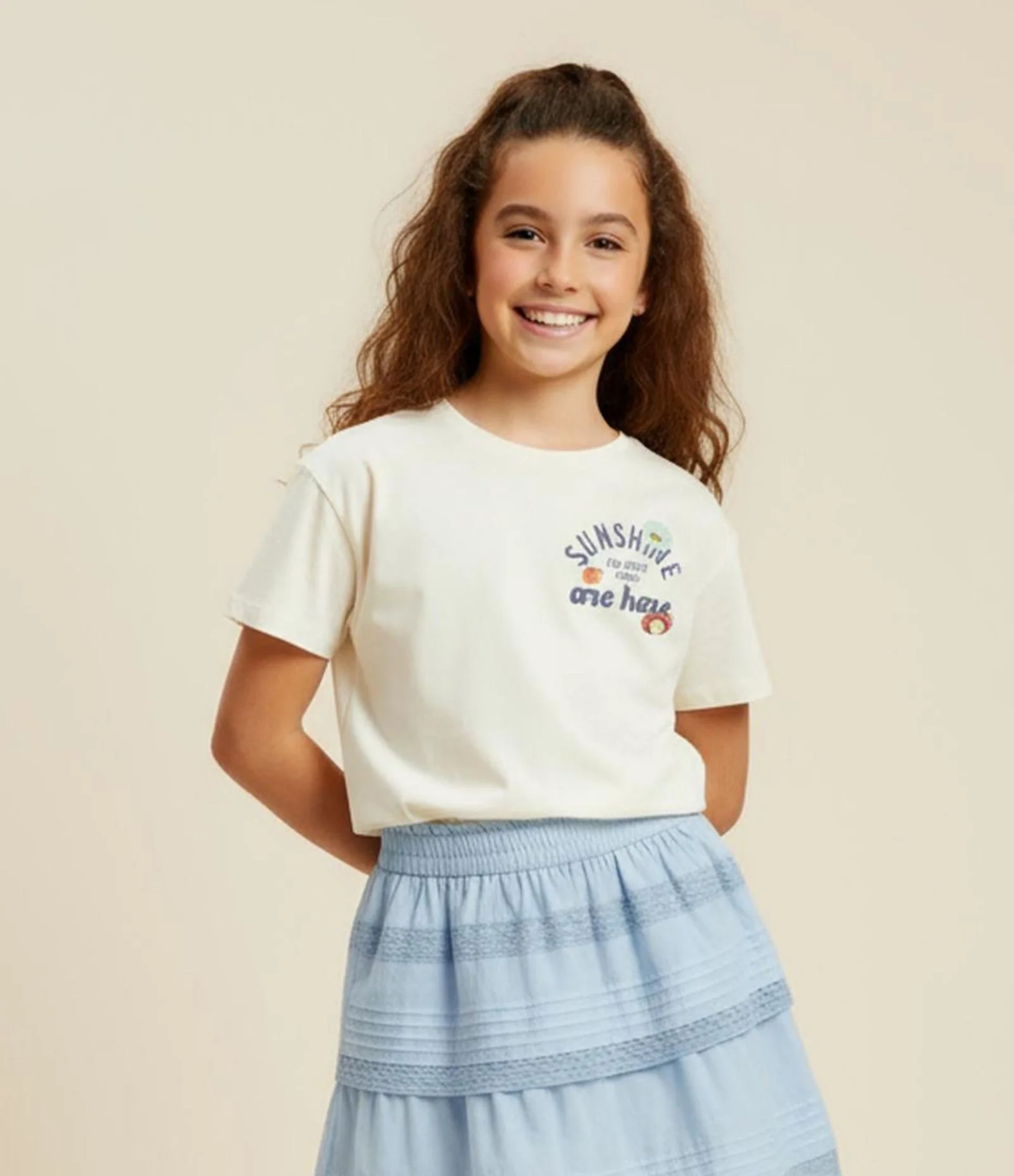 Camiseta Boxy Infantil com Estampa Frente e Costas Sunshine - Tam 5 a 14 Anos Branco 1
