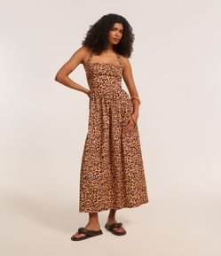 Vestido Midi Frente Única em Tricoline Animal Print Onça
