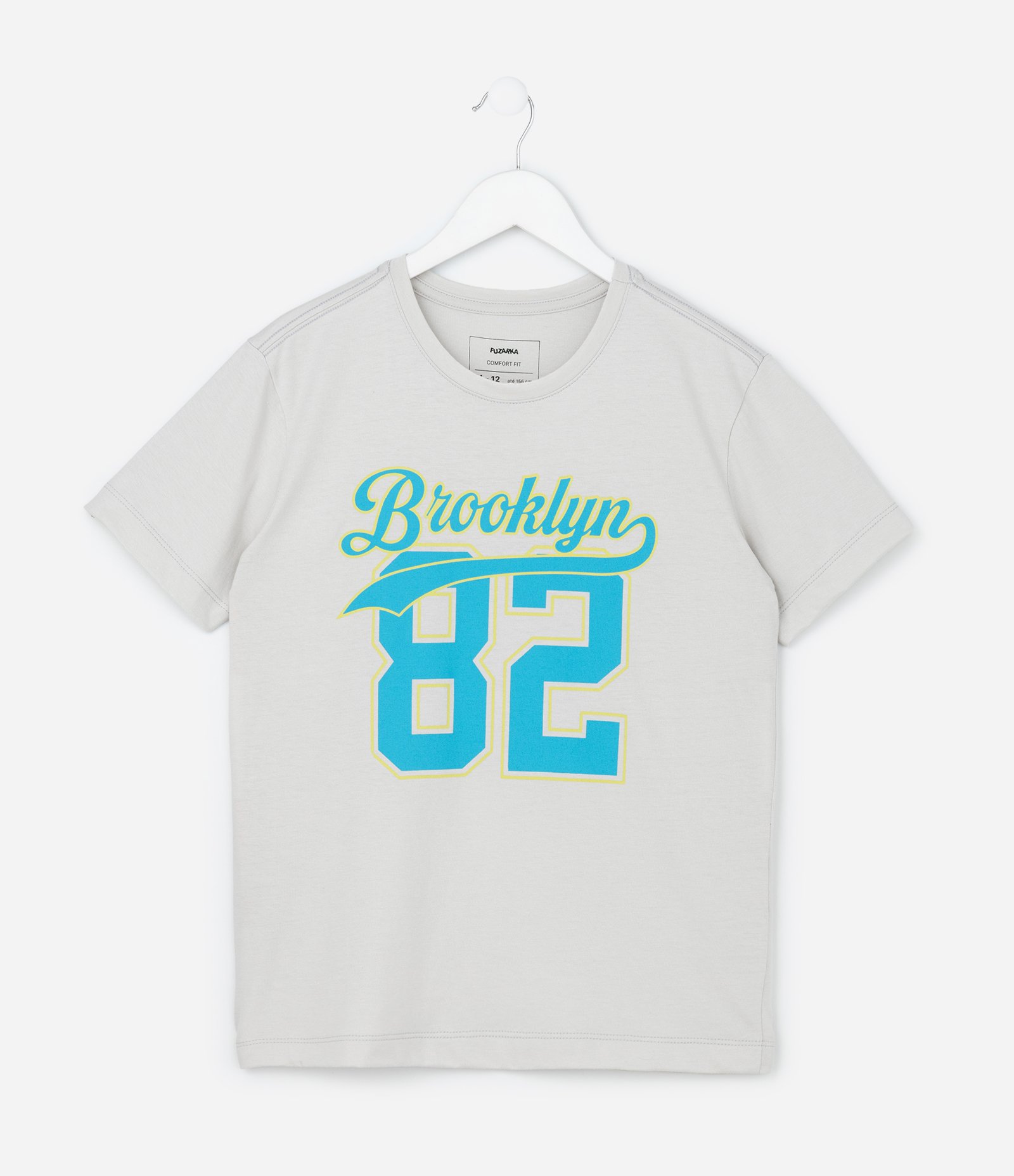 Camiseta Infantil com Lettering Brooklyn 82 - Tam 5 a 14 Anos Cinza 1