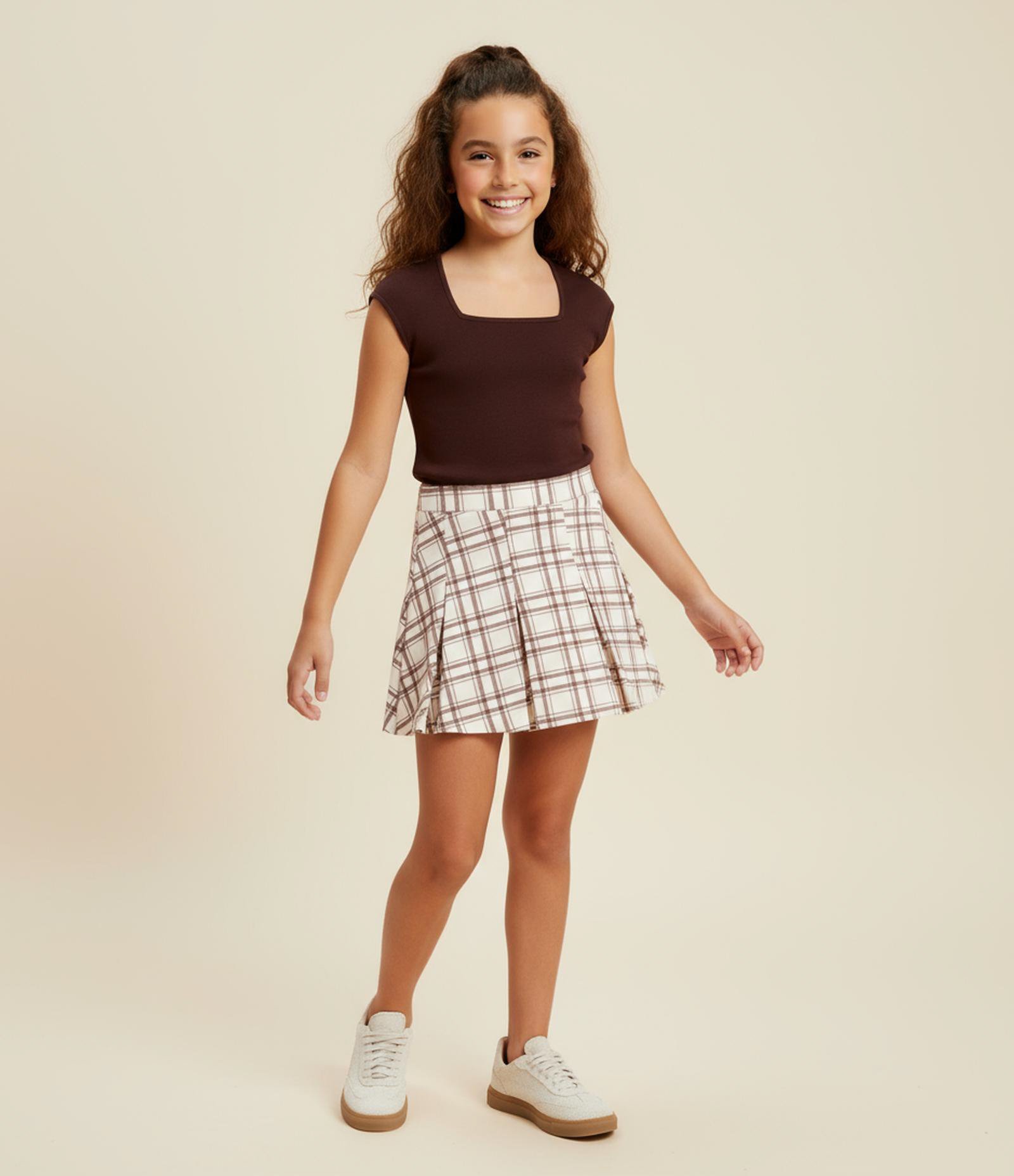 Short Saia Infantil Xadrez com Pregas - Tam 5 a 14 Anos Bege/Marrom 1