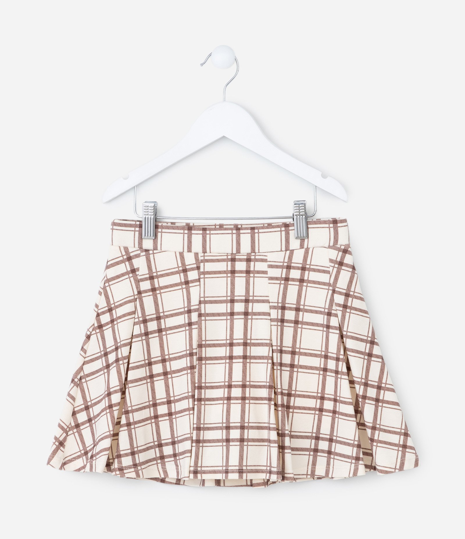 Short Saia Infantil Xadrez com Pregas - Tam 5 a 14 Anos Bege/Marrom 2