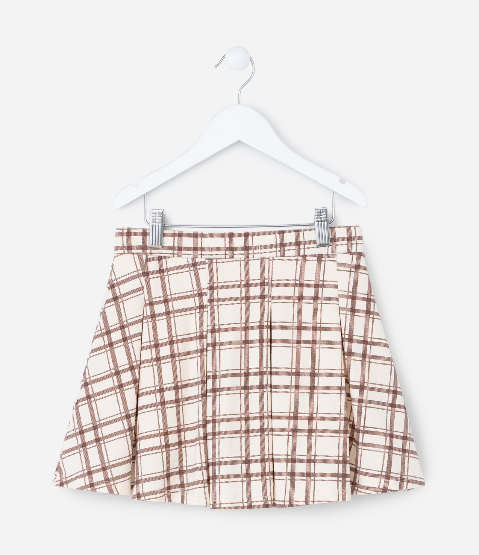 Short Saia Infantil Xadrez com Pregas - Tam 5 a 14 Anos Bege/Marrom 3