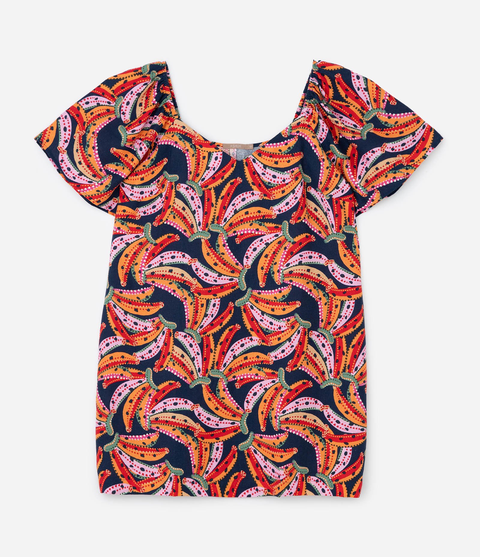 Vestido Curto em Viscolinho com Estampa de Bananas e Manga Bufante Curve & Plus Size Multicores 5