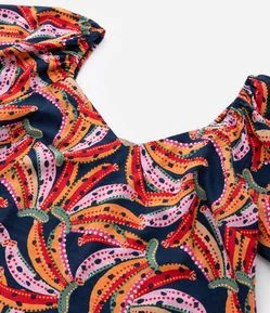 Vestido Curto em Viscolinho com Estampa de Bananas e Manga Bufante Curve & Plus Size