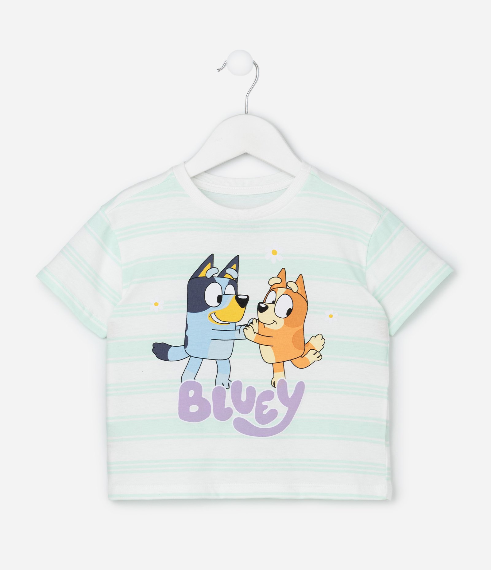 Camiseta Infantil Listrada com Estampa Bluey e Bingo - Tam 1 a 6 Off White/Verde Claro 1