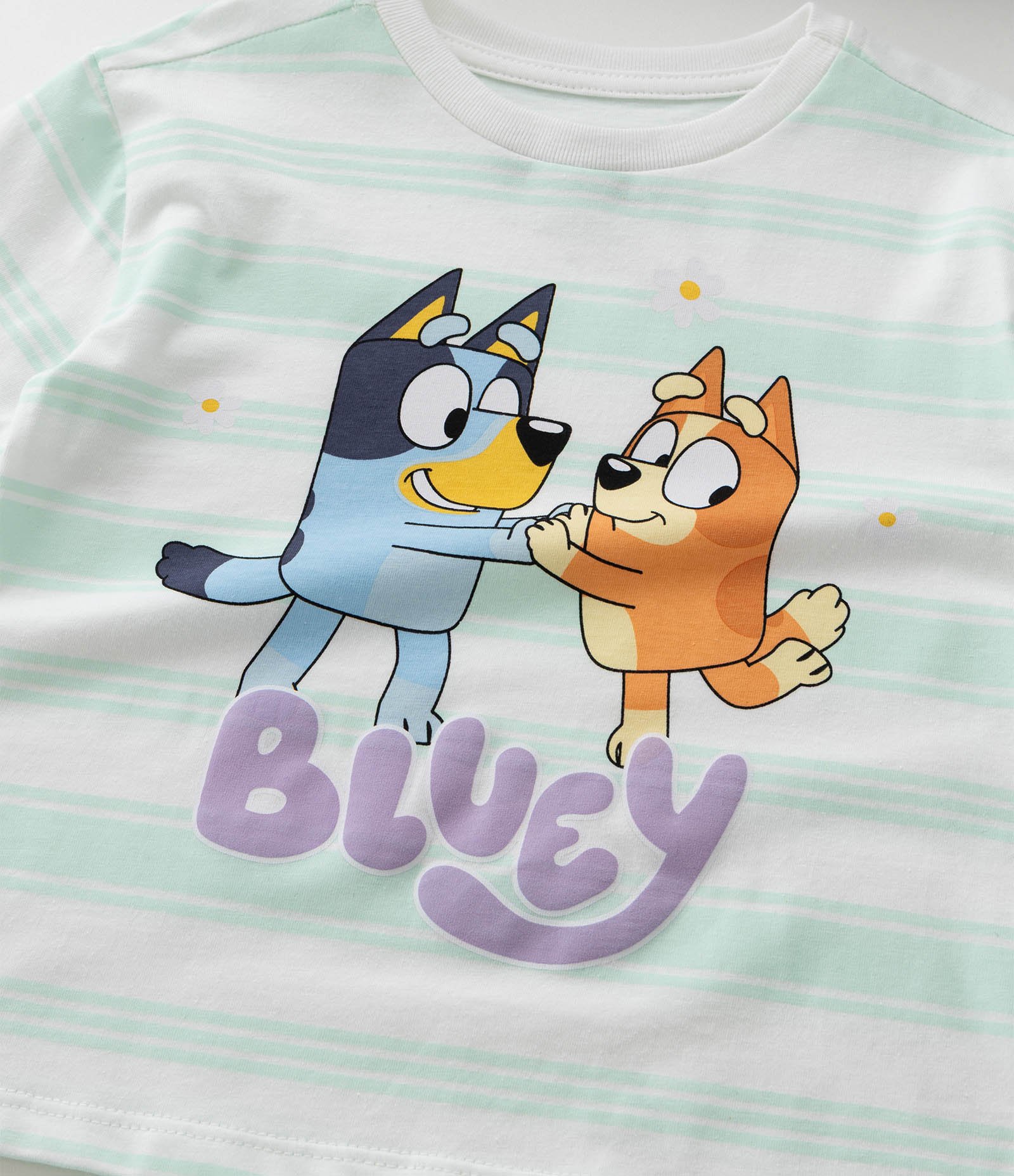 Camiseta Infantil Listrada com Estampa Bluey e Bingo - Tam 1 a 6 Off White/Verde Claro 5