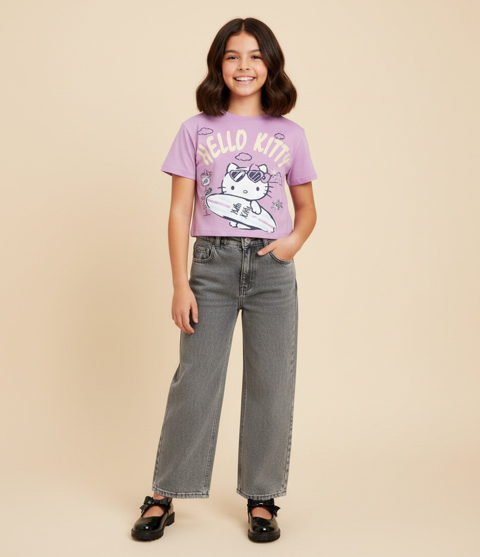 Camiseta Relaxed  Infantil com Estampa Hello kitty Surfista - Tam 5 a 14 Anos Roxo 1
