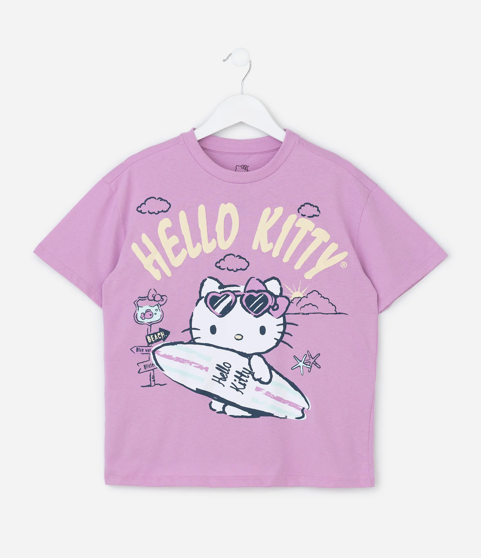 Camiseta Relaxed  Infantil com Estampa Hello kitty Surfista - Tam 5 a 14 Anos Roxo 1