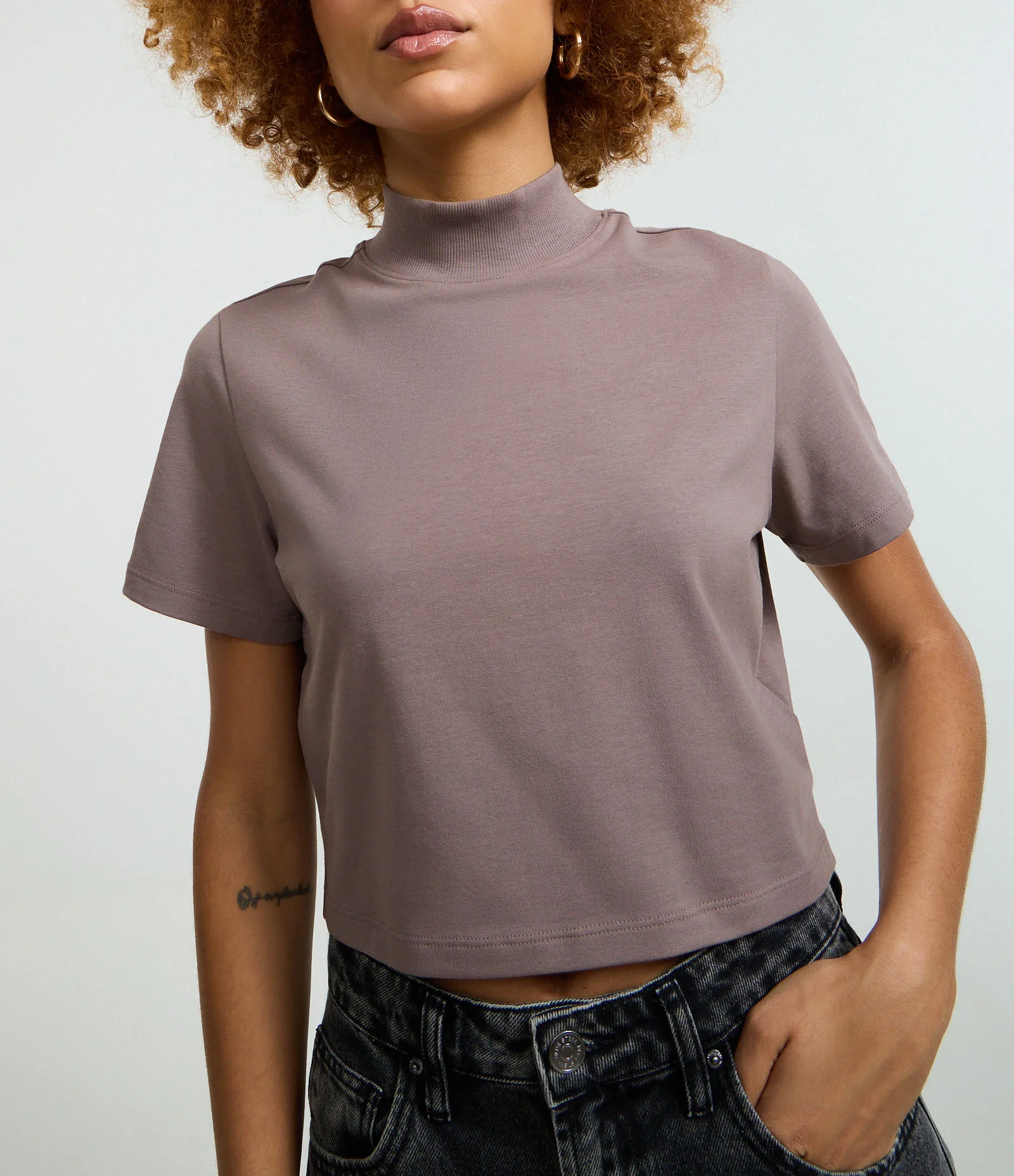 Blusa T-Shirt Cropped em Algodão Peruano com Gola Altinha Cinza 3