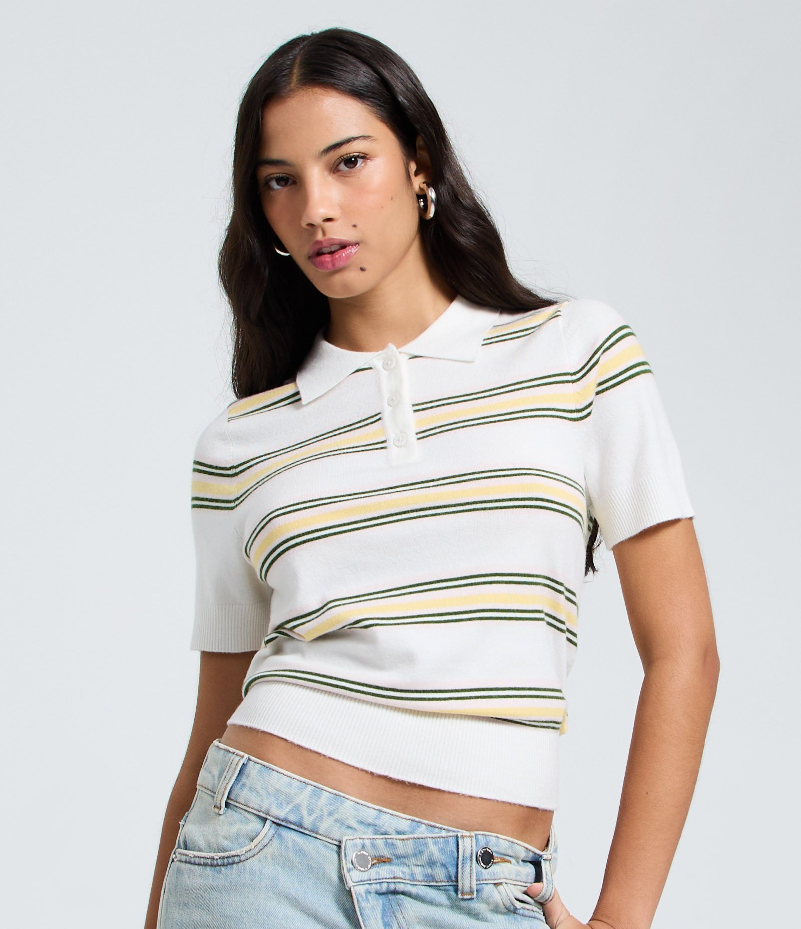 Blusa Polo em Tricô com Listras Branco / Amarelo 1