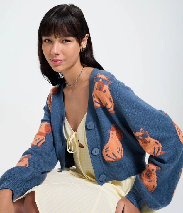 トップス 477 TTT MSW Panther Knit Cardigan Blue L Cardigan em Jacquard com Estampa de Capivaras Azul