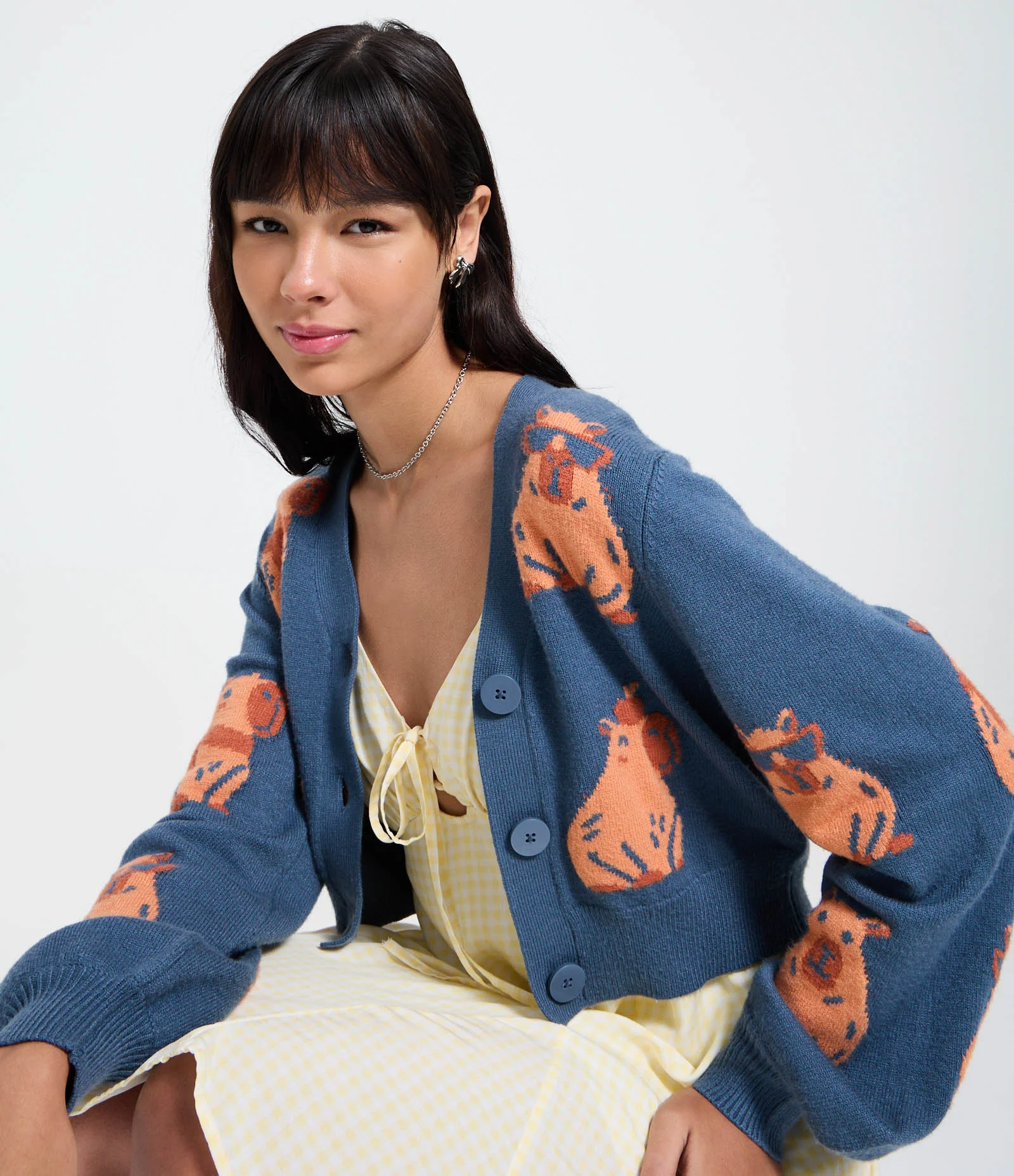 Cardigan em Jacquard com Estampa de Capivaras Azul