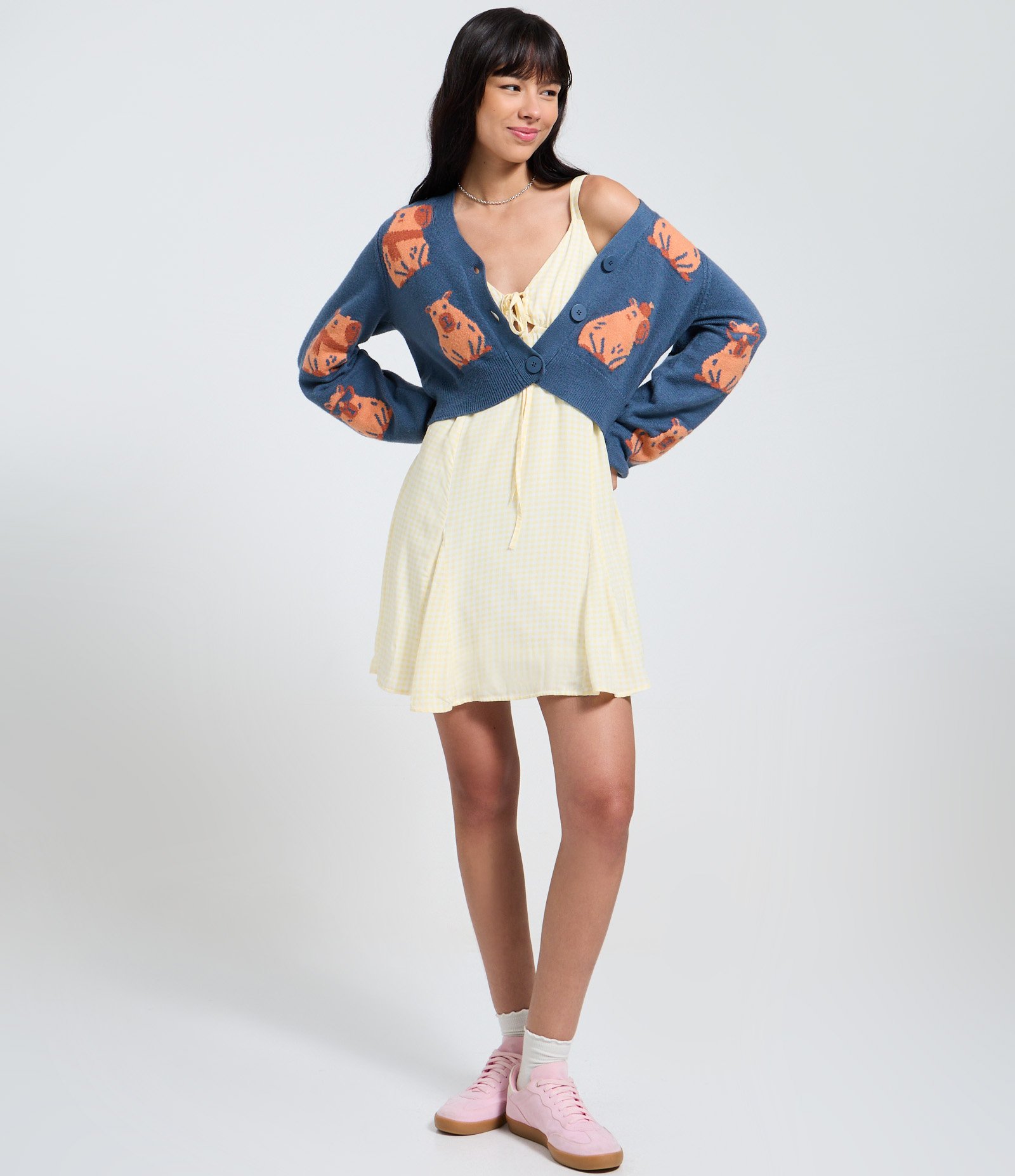 Cardigan em Jacquard com Estampa de Capivaras Azul