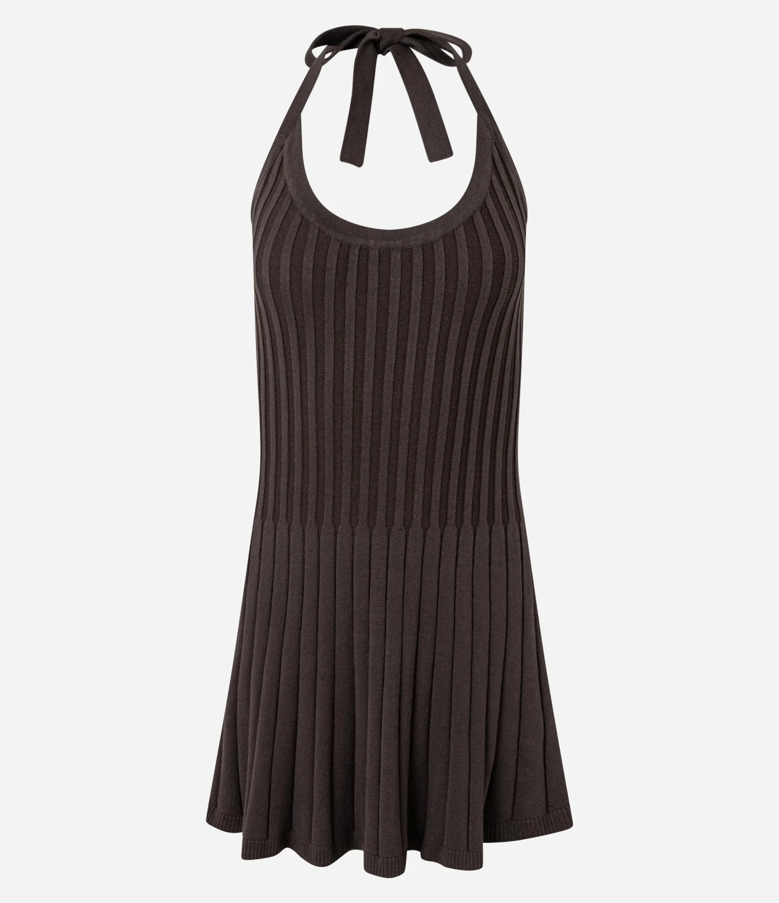 Vestido Evasê com Frente Única em Viscose com Efeito Tricô Texturizado Marrom Escuro 5