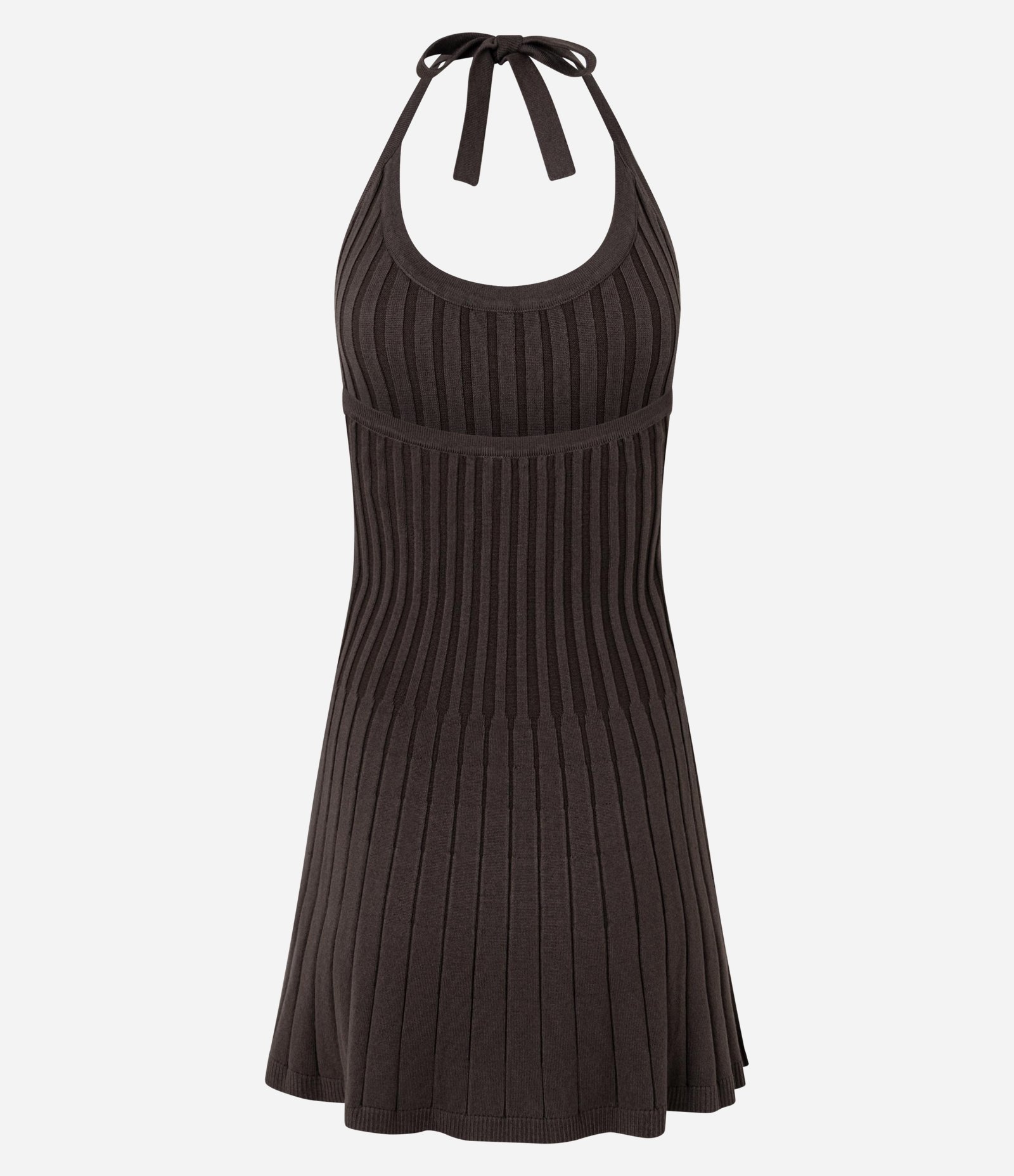 Vestido Evasê com Frente Única em Viscose com Efeito Tricô Texturizado Marrom Escuro 7