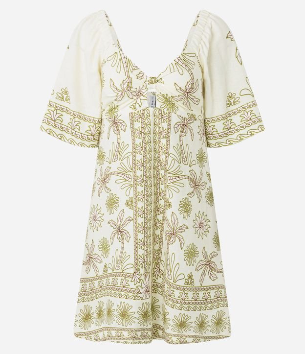 Vestido Curto Evasê em Viscolinho com Detalhe Vazado e Estampa Floral