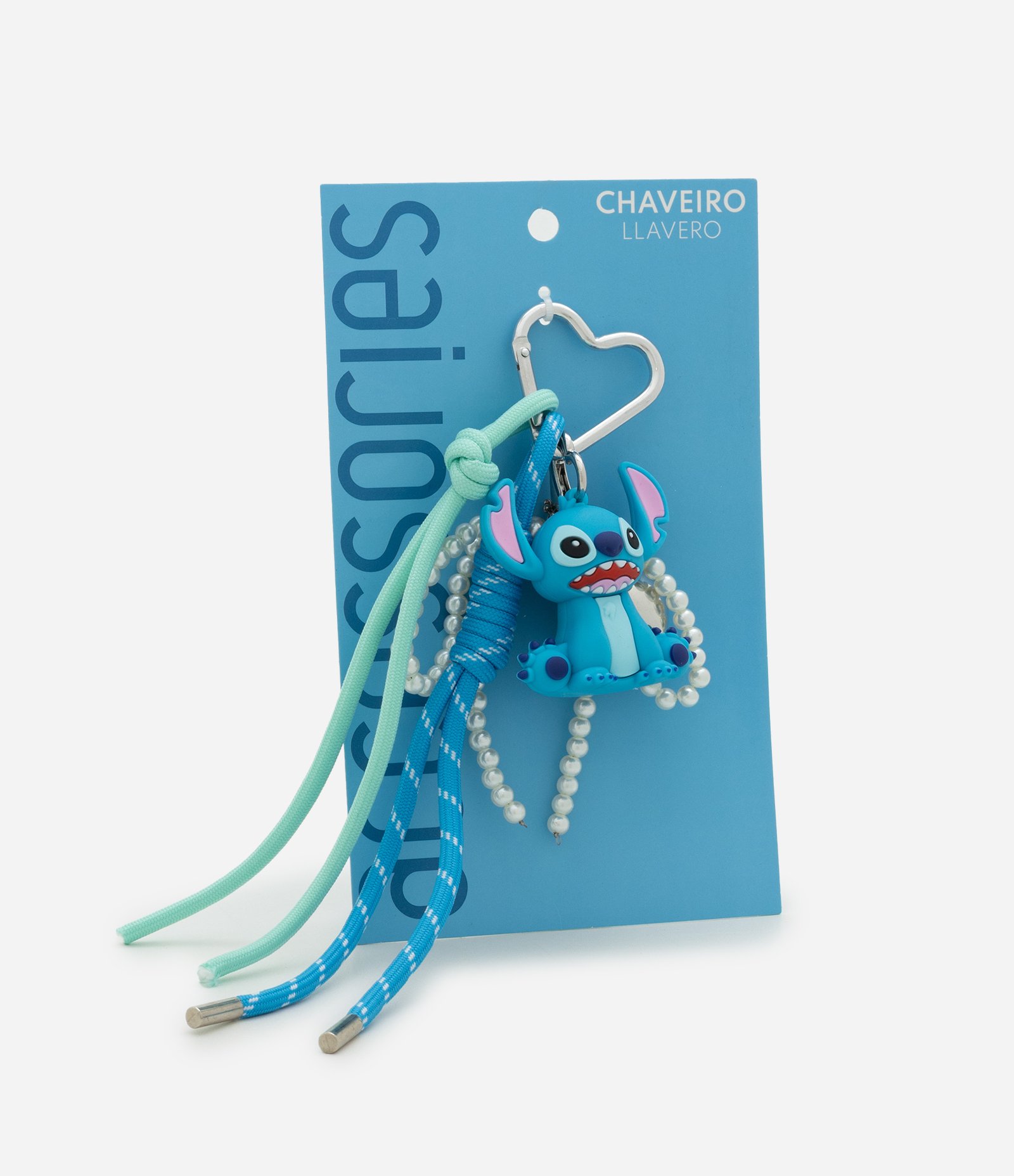 Chaveiro de Metal com Stitch com detalhe de corda e  Pérola Artificial Azul 3