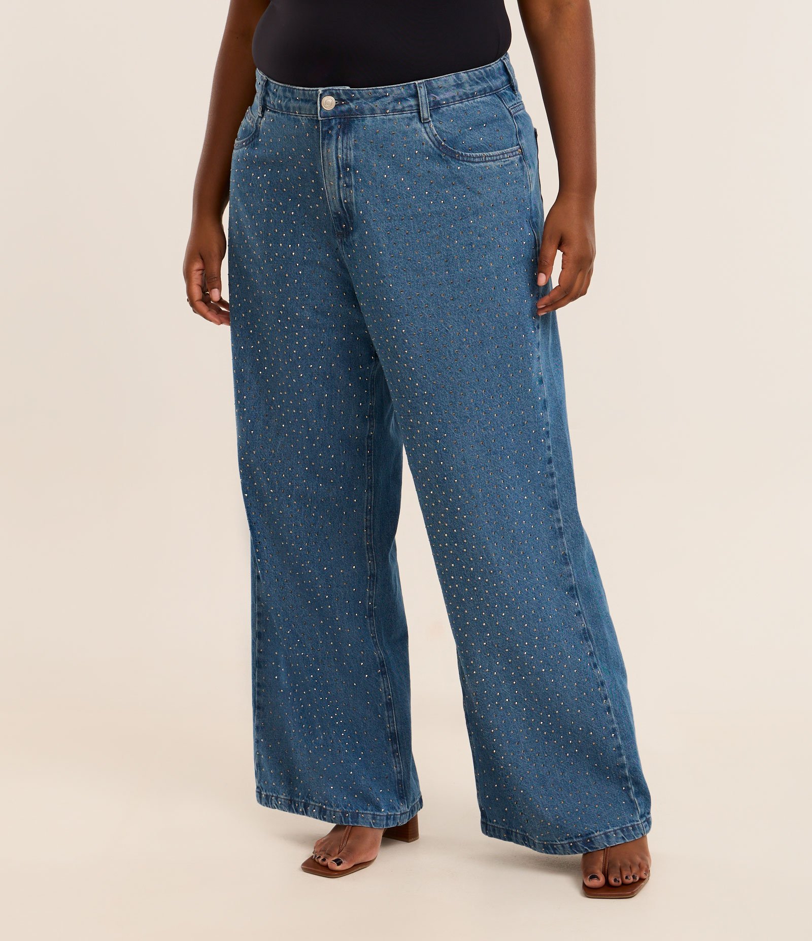 Calça Wide Leg em Jeans com Brilhos Curve & Plus Size Azul 2