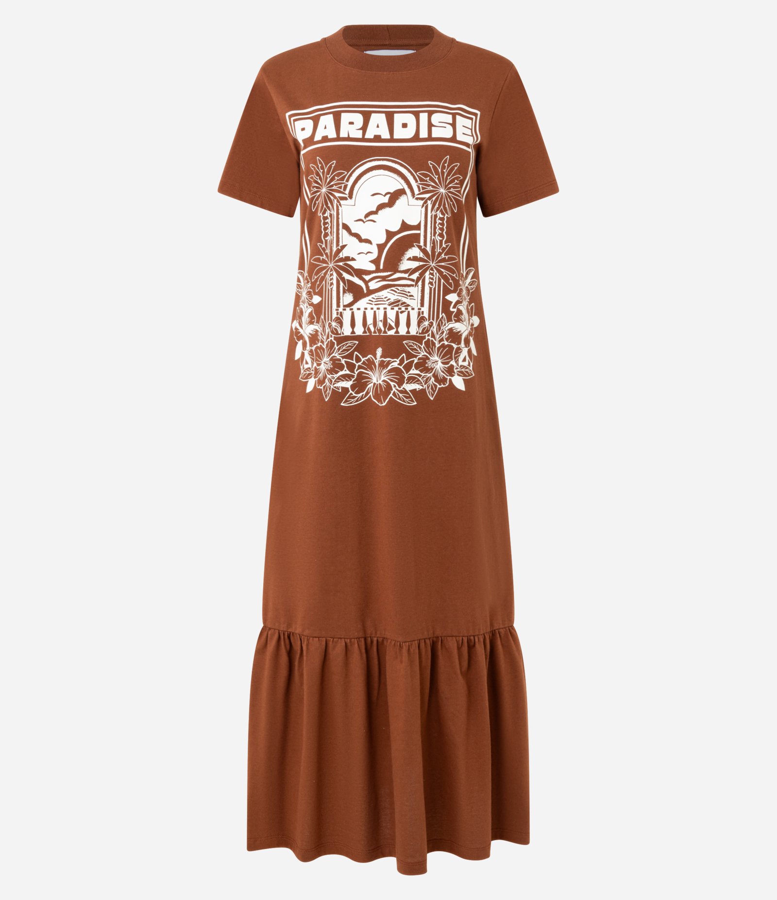 Vestido T-shirt Long Midi  com Estampa de Paraíso com Babados na Barra Marrom 1