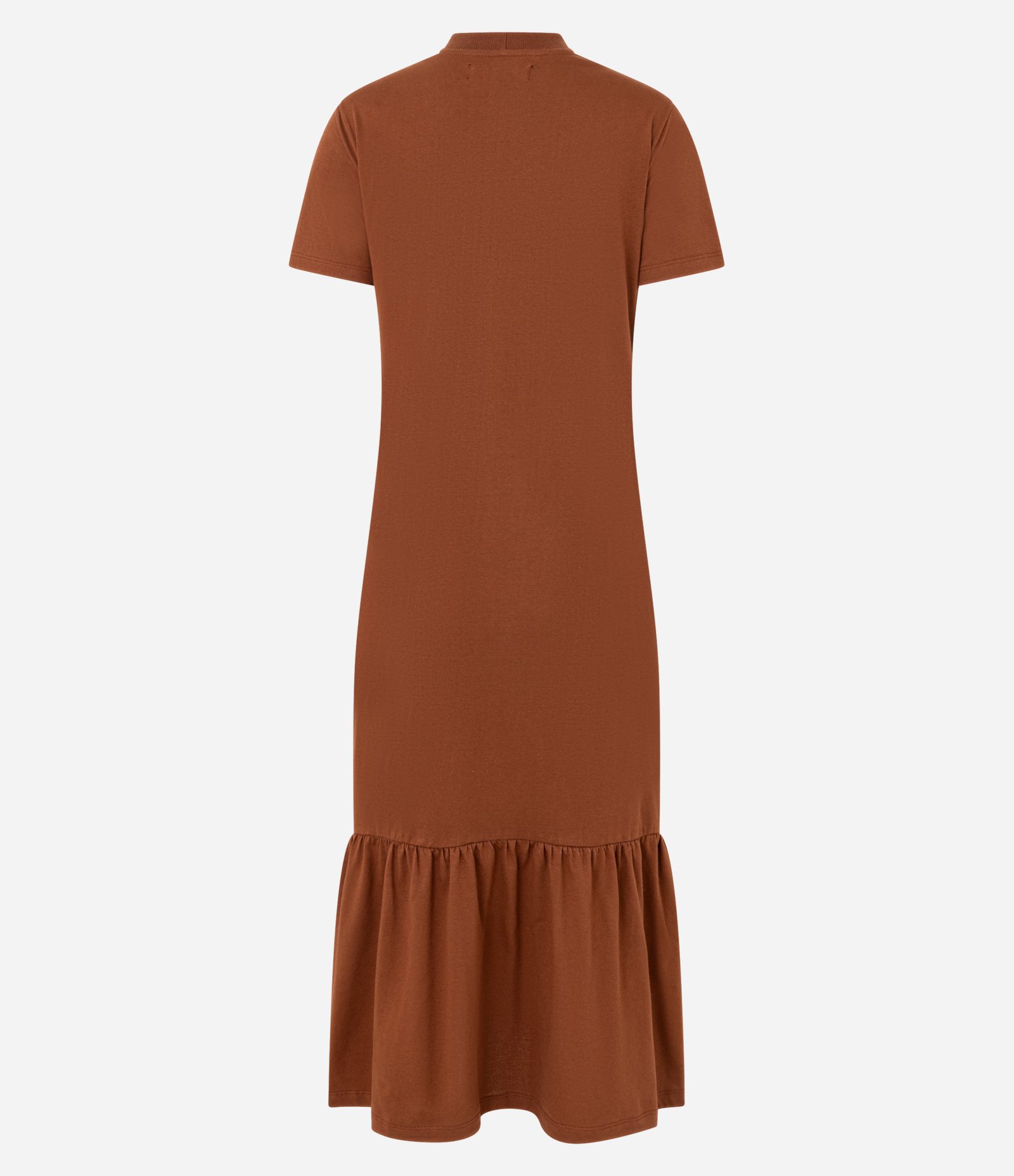 Vestido T-shirt Long Midi  com Estampa de Paraíso com Babados na Barra Marrom 2