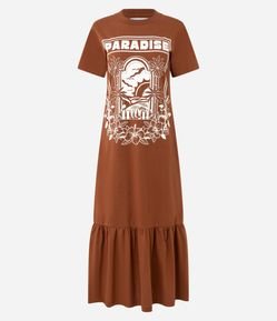 Vestido T-shirt Long Midi  com Estampa de Paraíso com Babados na Barra