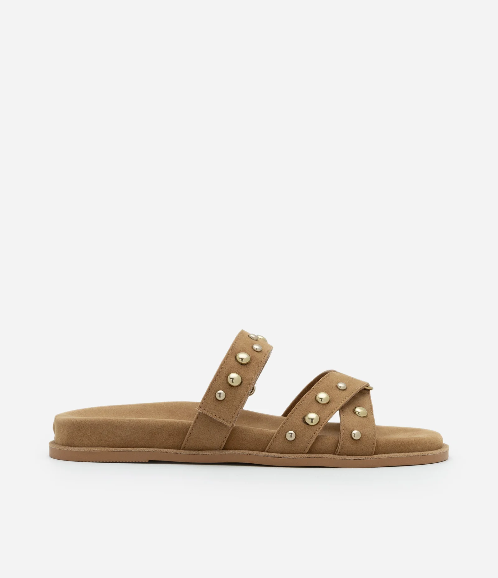 Sandália Rasteira com Efeito Camurça e Tiras com Velcro e Esferas Marrom 1