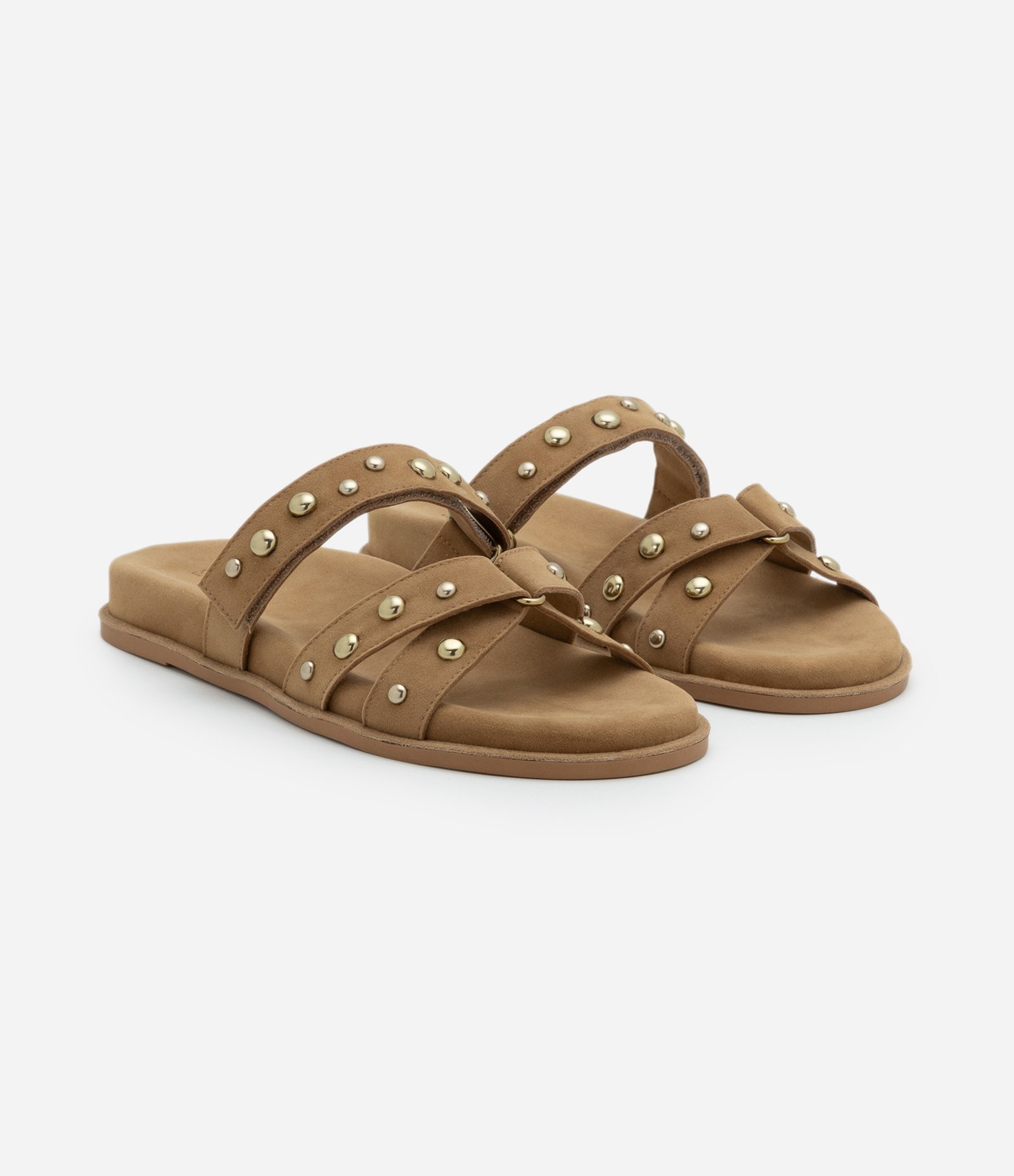 Sandália Rasteira com Efeito Camurça e Tiras com Velcro e Esferas Marrom 3