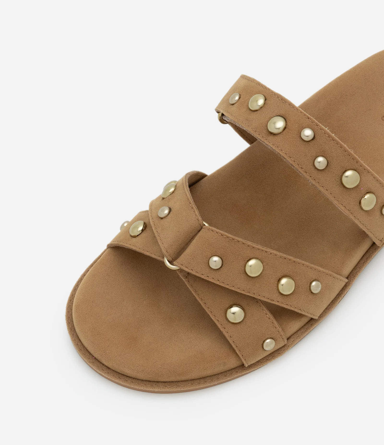 Sandália Rasteira com Efeito Camurça e Tiras com Velcro e Esferas Marrom 4