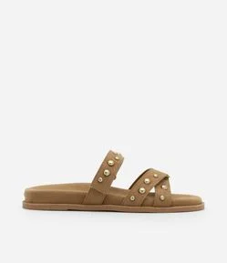 Sandália Rasteira com Efeito Camurça e Tiras com Velcro e Esferas