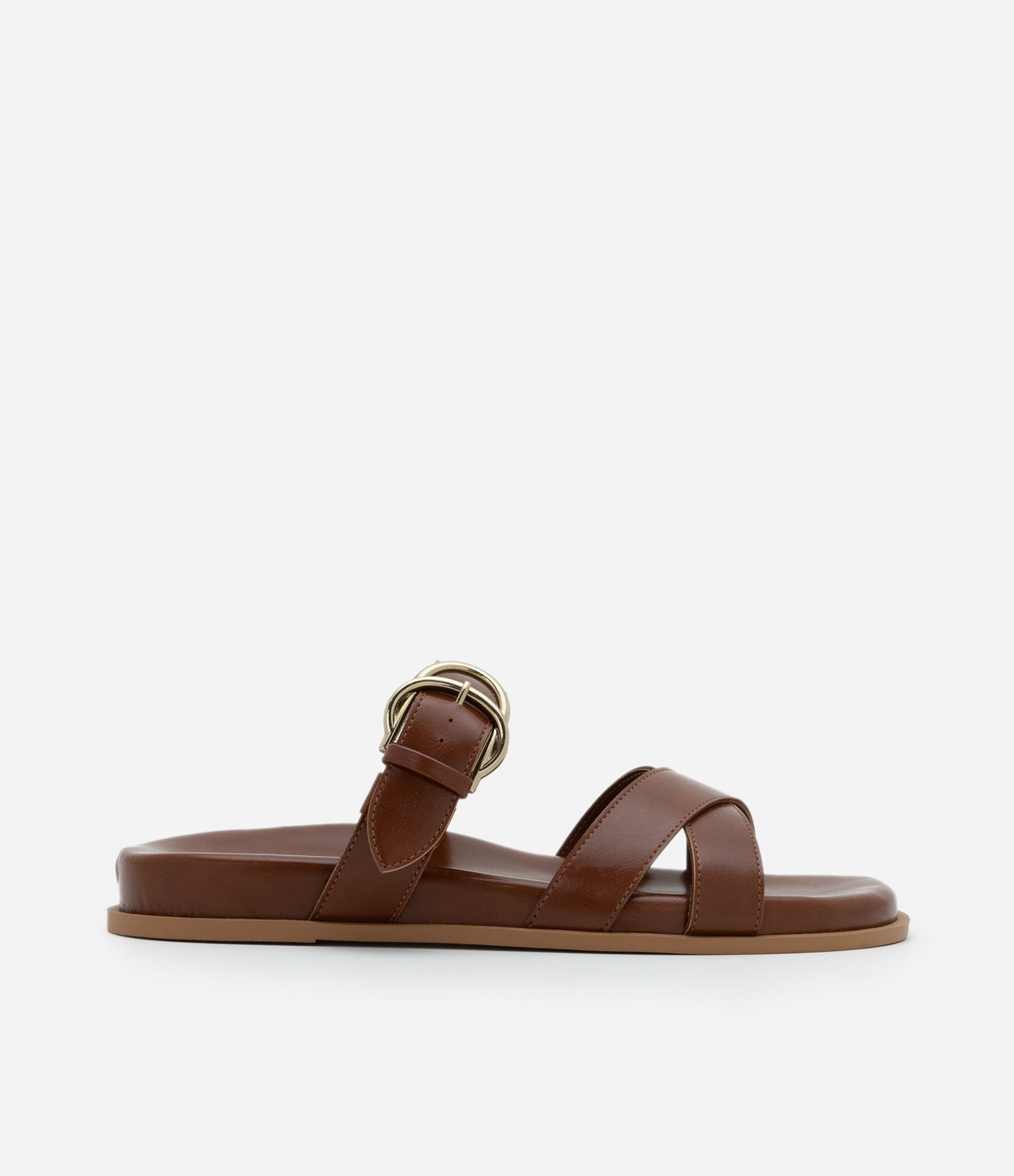 Sandália Rasteira com Tiras em X e Fivela Dupla Marrom 1