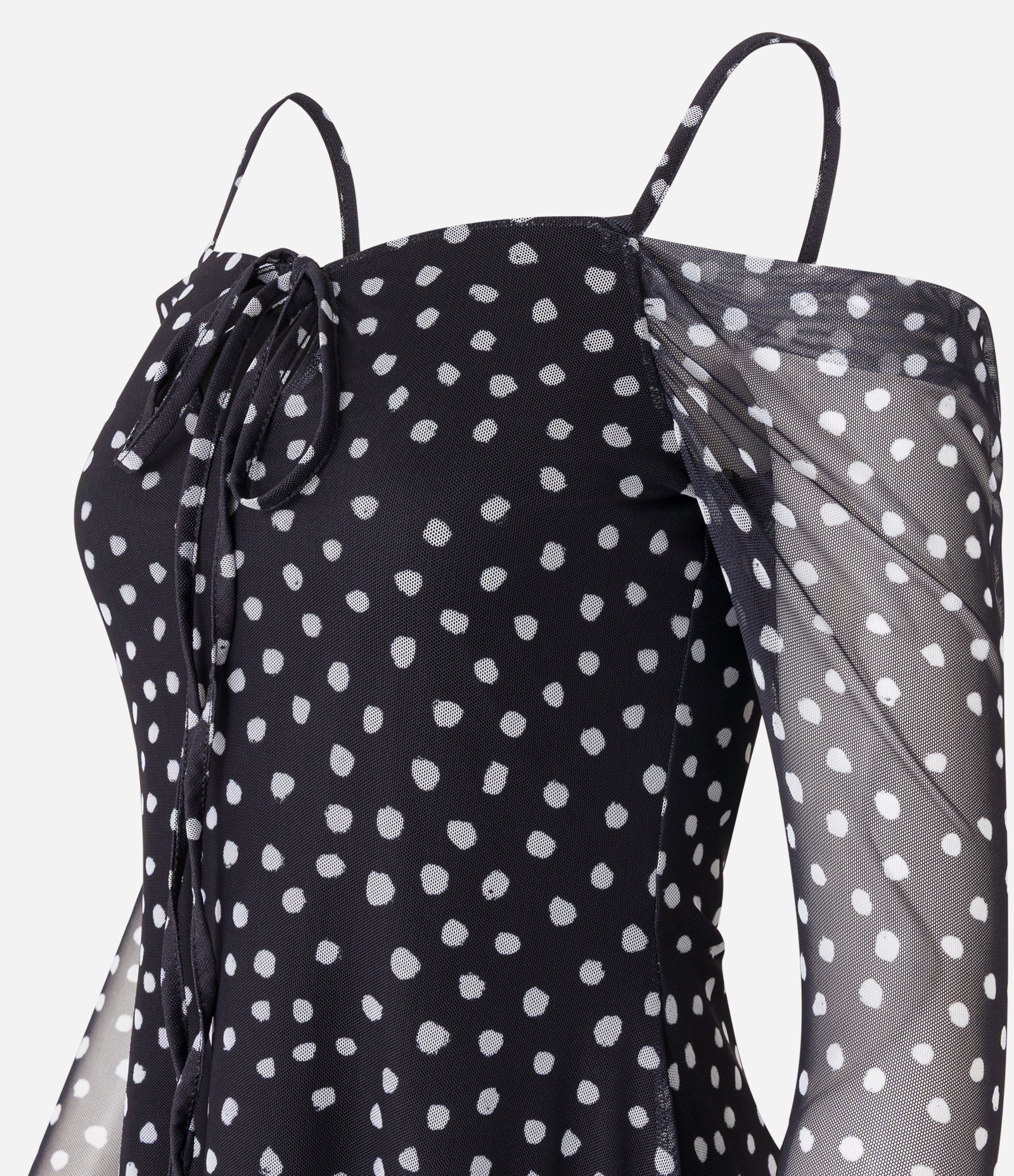 Vestido Curto em Tule Ombro a Ombro com Estampa Poá Preto/Branco 6