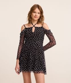 Vestido Curto em Tule Ombro a Ombro com Estampa Poá