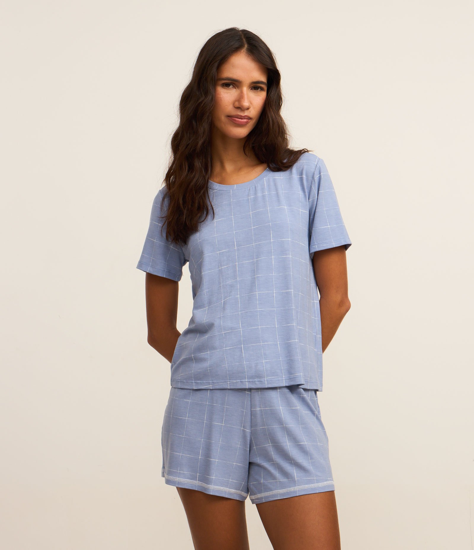 Short de Pijama em Viscose com Estampa Xadrez Grid Azul 1