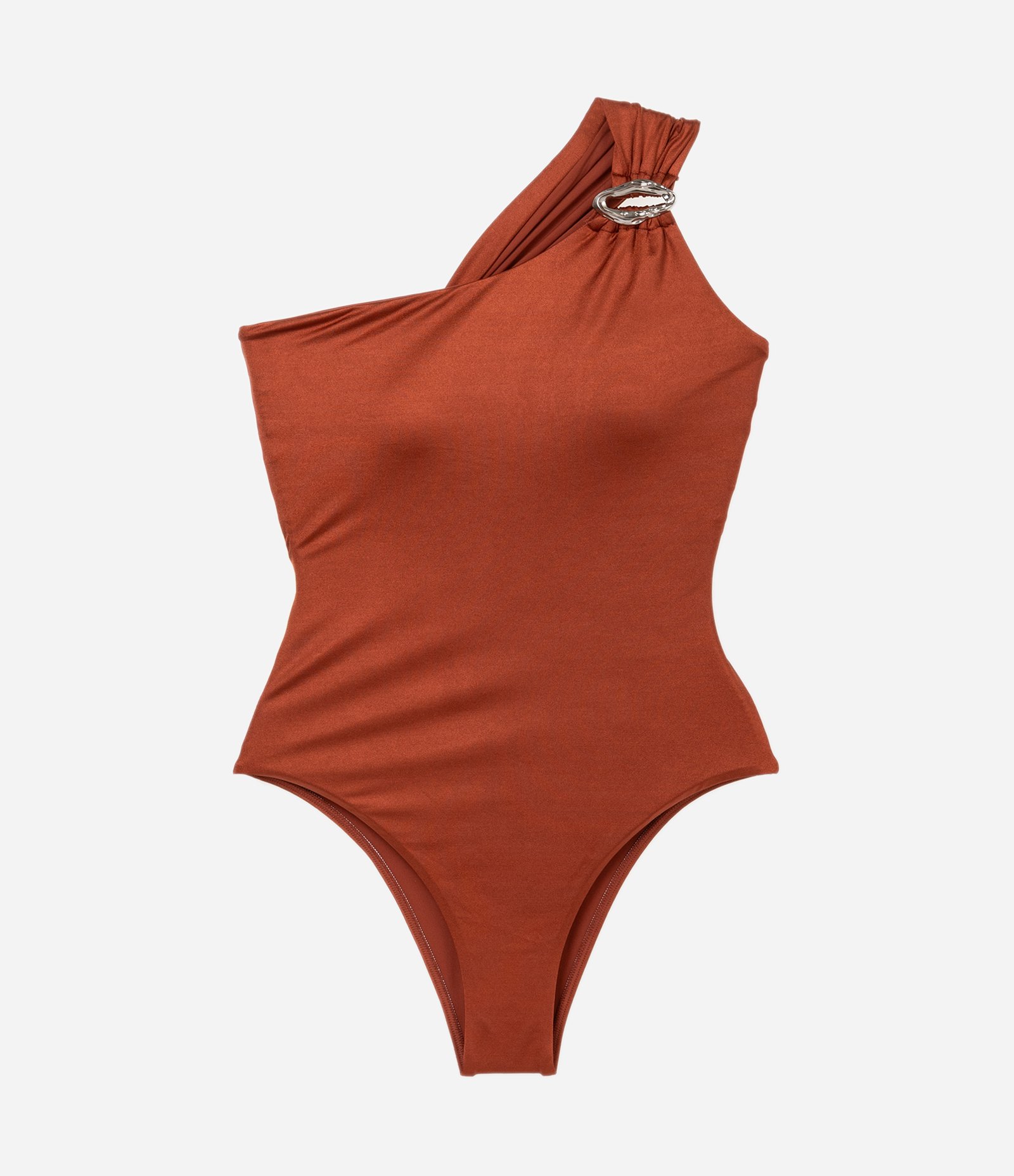 Maiô Ombro Único em Microfibra Brilhante com Aviamento Marrom 4