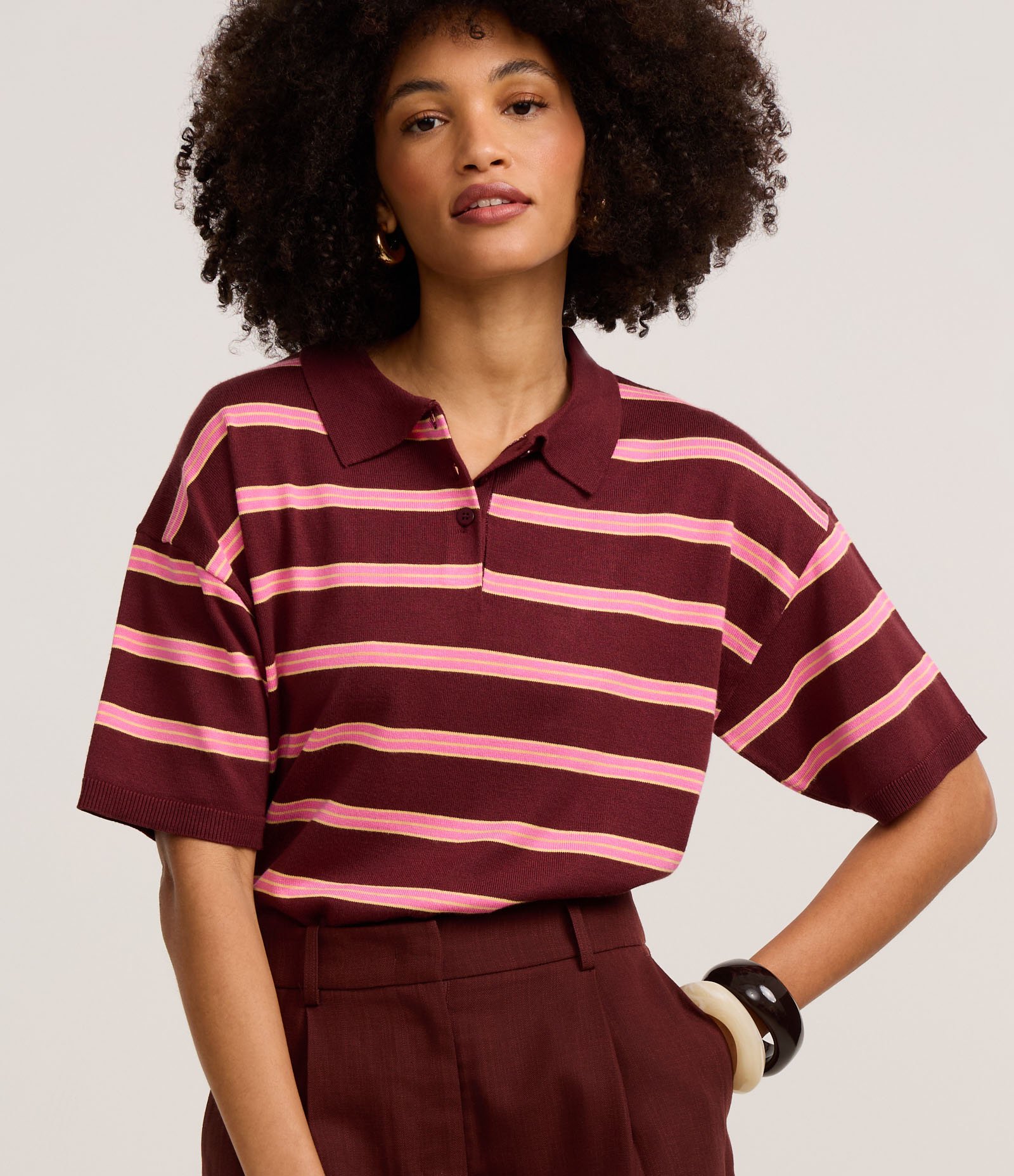 Blusa em Tricô com Gola Polo e Listars Horizontais Bordô/Rosa 1