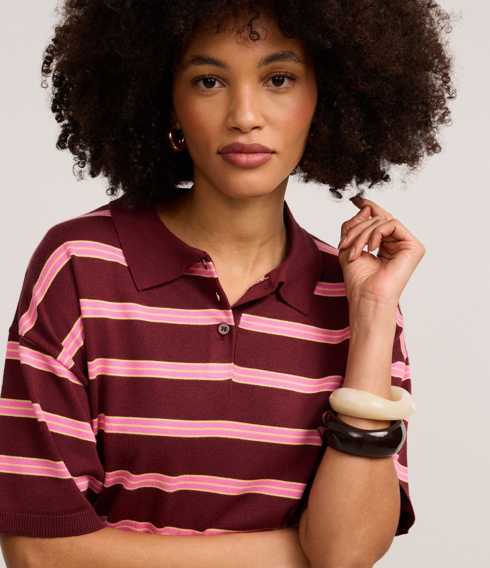 Blusa em Tricô com Gola Polo e Listars Horizontais Bordô/Rosa 3