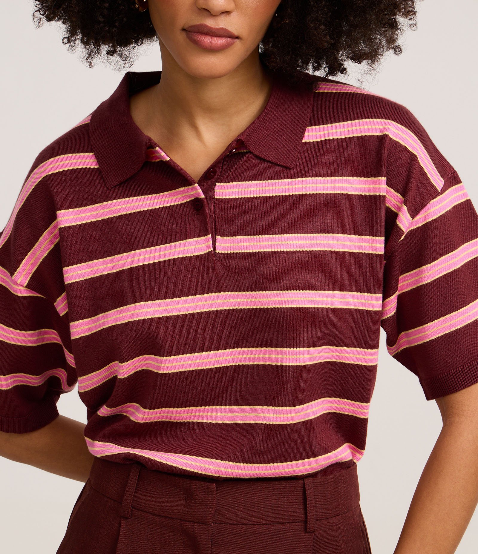 Blusa em Tricô com Gola Polo e Listars Horizontais Bordô/Rosa 4