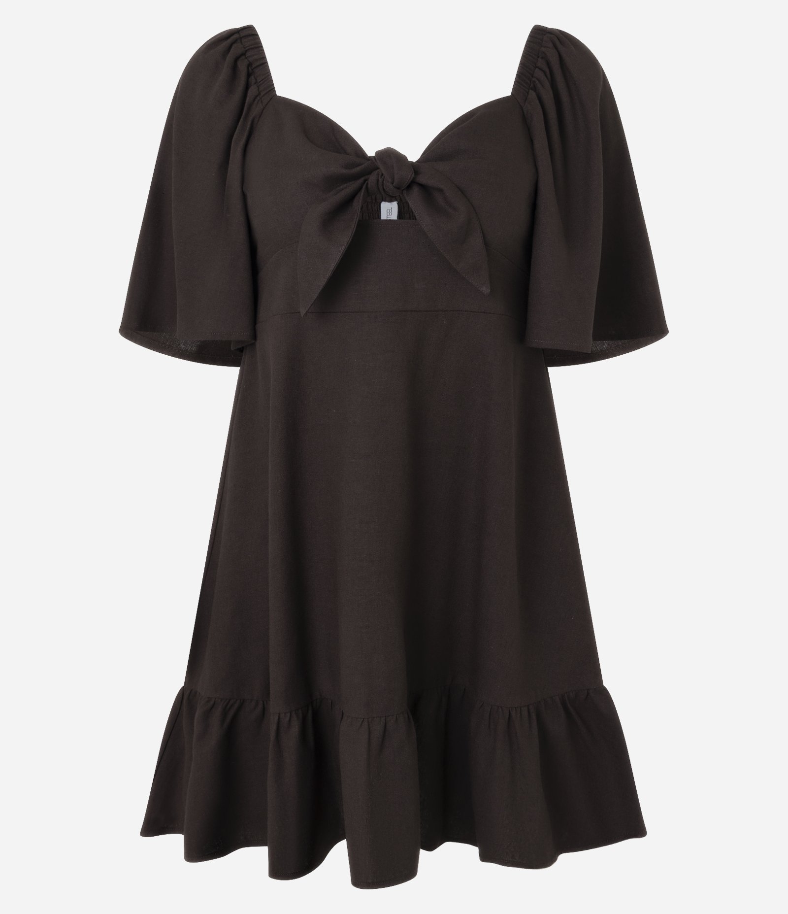 Vestido Evasê Curto em Viscolinho com Nó no Decote Marrom 5