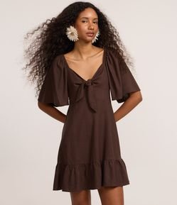 Vestido Evasê Curto em Viscolinho com Nó no Decote