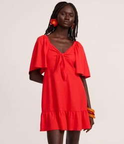 Vestido Evasê Curto em Viscolinho com Nó no Decote