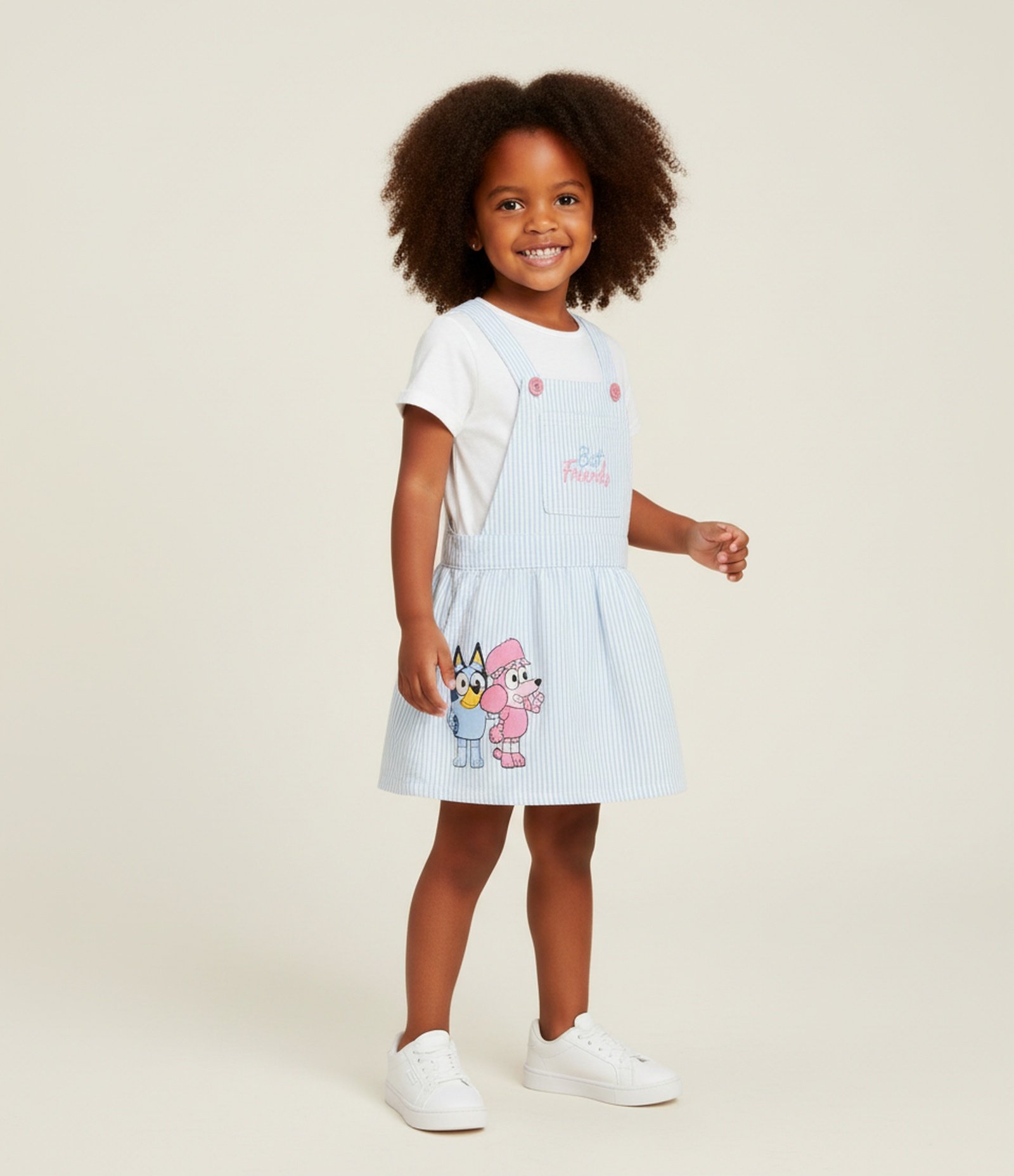 Salopete Infantil Slim Listrada com Estampa Bluey e Camiseta - Tam 1 a 6 Anos Branco/Azul 1