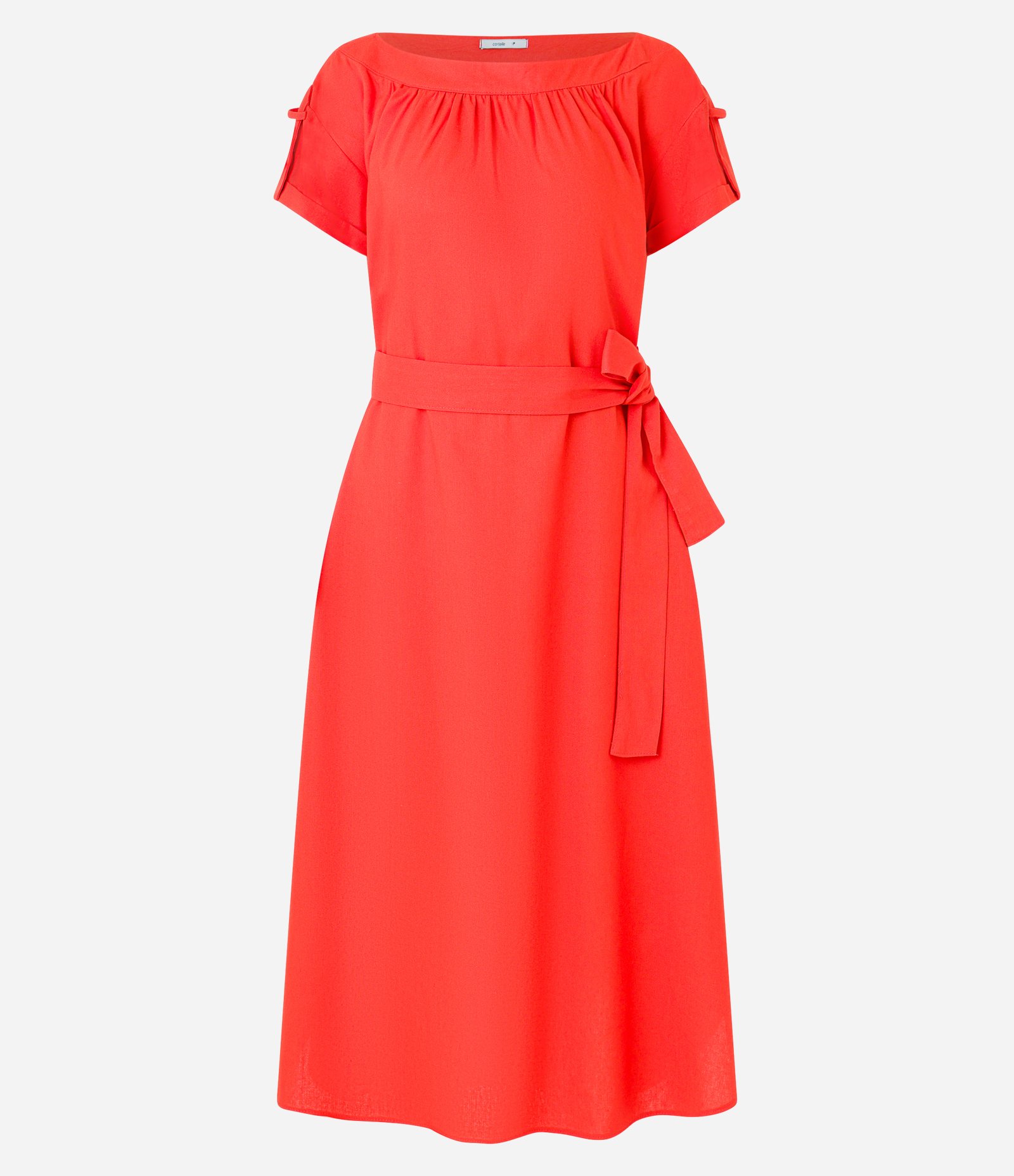 Vestido New Midi com Linho Ombro a Ombro e Cinto de Amarração Laranja 5