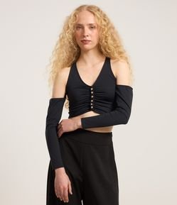 Blusa Super Cropped em Microfibra com Recorte nos Ombros