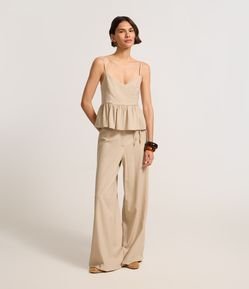 Calça Reta em Viscose com Linho e Amarração Lateral