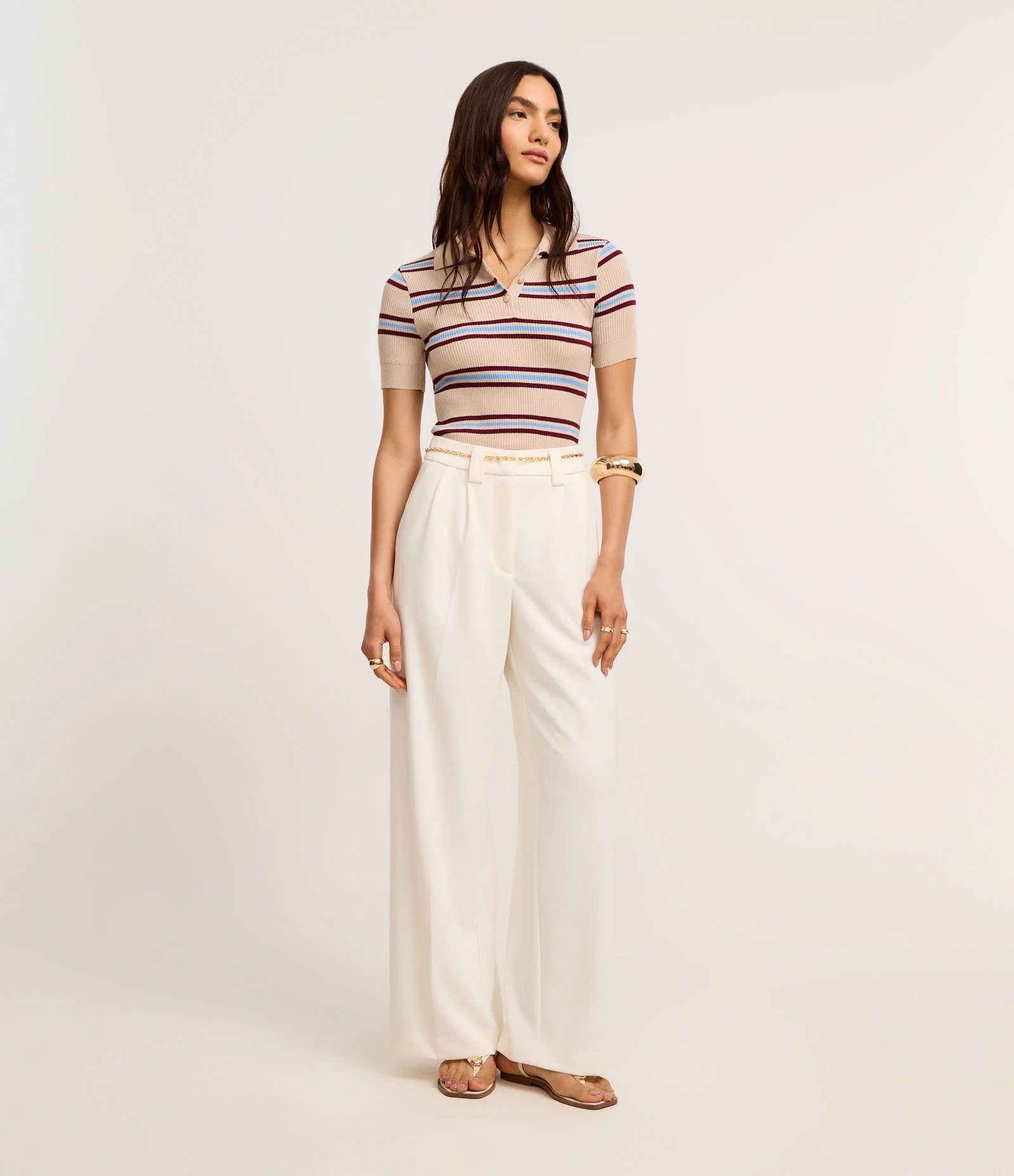 Blusa Canelada em Tricô Listrado com Gola Polo Bege 2