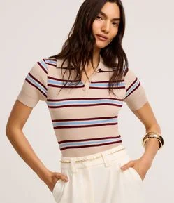Blusa Canelada em Tricô Listrado com Gola Polo